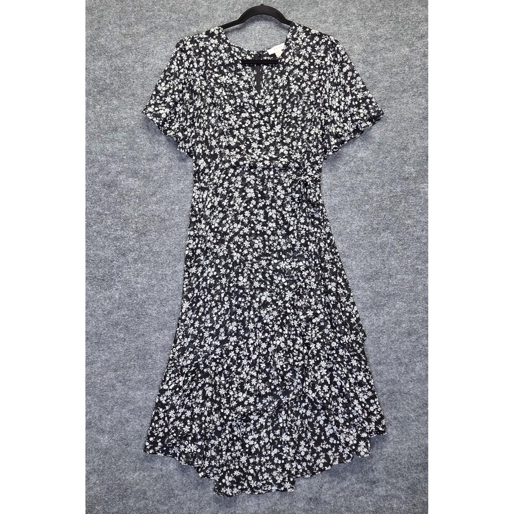Calvin Klein Dress Womens 10 Black Floral Wrap Flutter Sleeve Ruffle Midi Lined